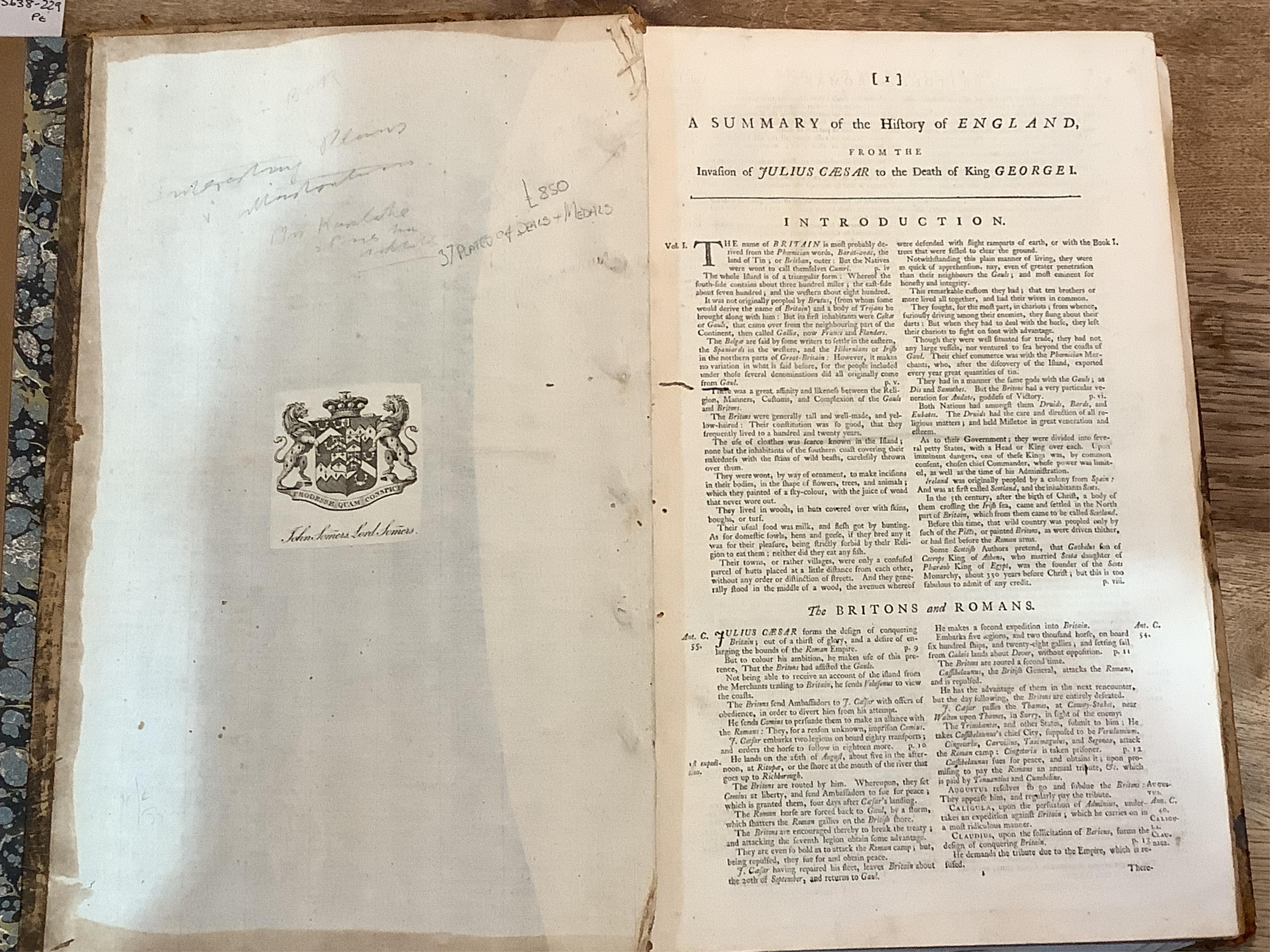 Rapin de Thoyras and Plates engraved by J S Muller for Mr Tindal's continuation of Mr Rapin's Medallic History of England, Vols III-IV Pt II in one volume 1744-47, rebound; another copy nd. incomplete but with 37 plates;